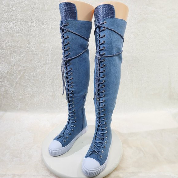 Knee High Canvas Sneakers with Rhinestone Laces - Picture 6 of 11